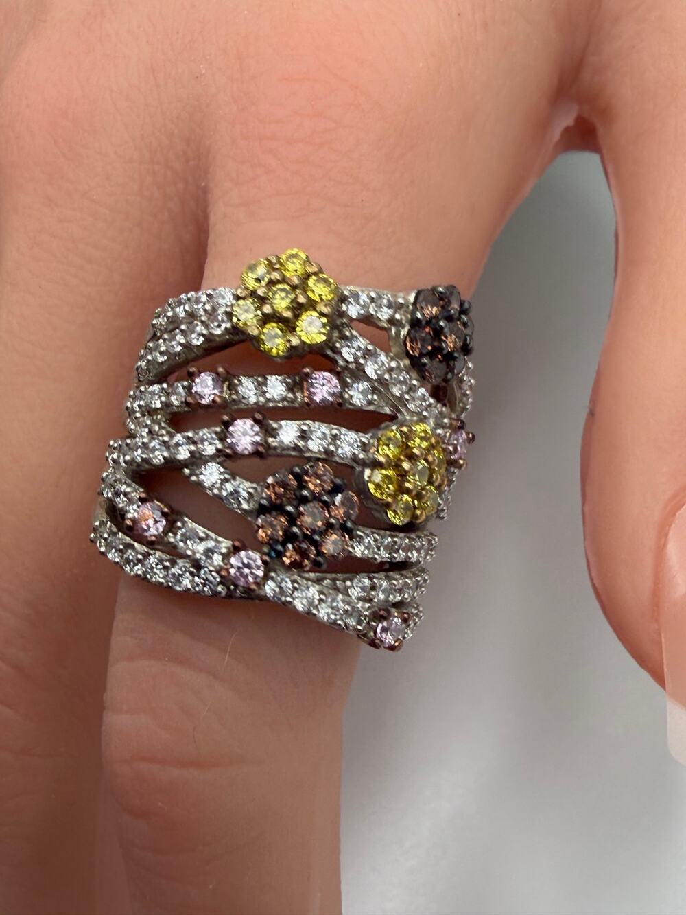 Sterling Silver White Brown Yellow And Pink CZ Floral Cluster Ring Size 8